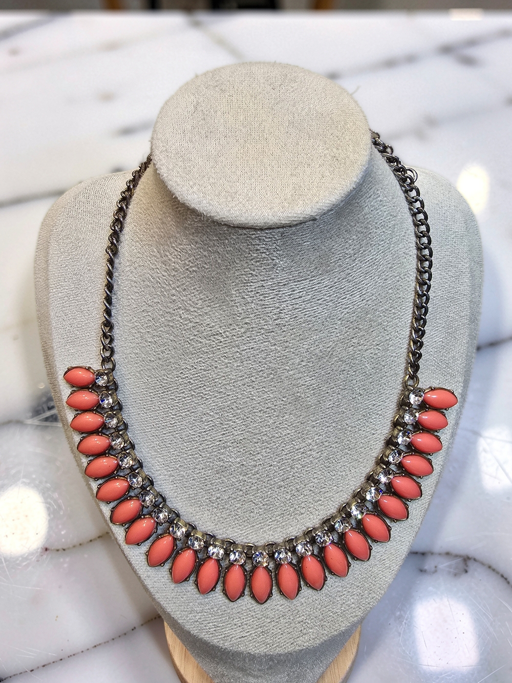 J.Crew Coral Salmon Marquise Bead & Rhinestone Necklace